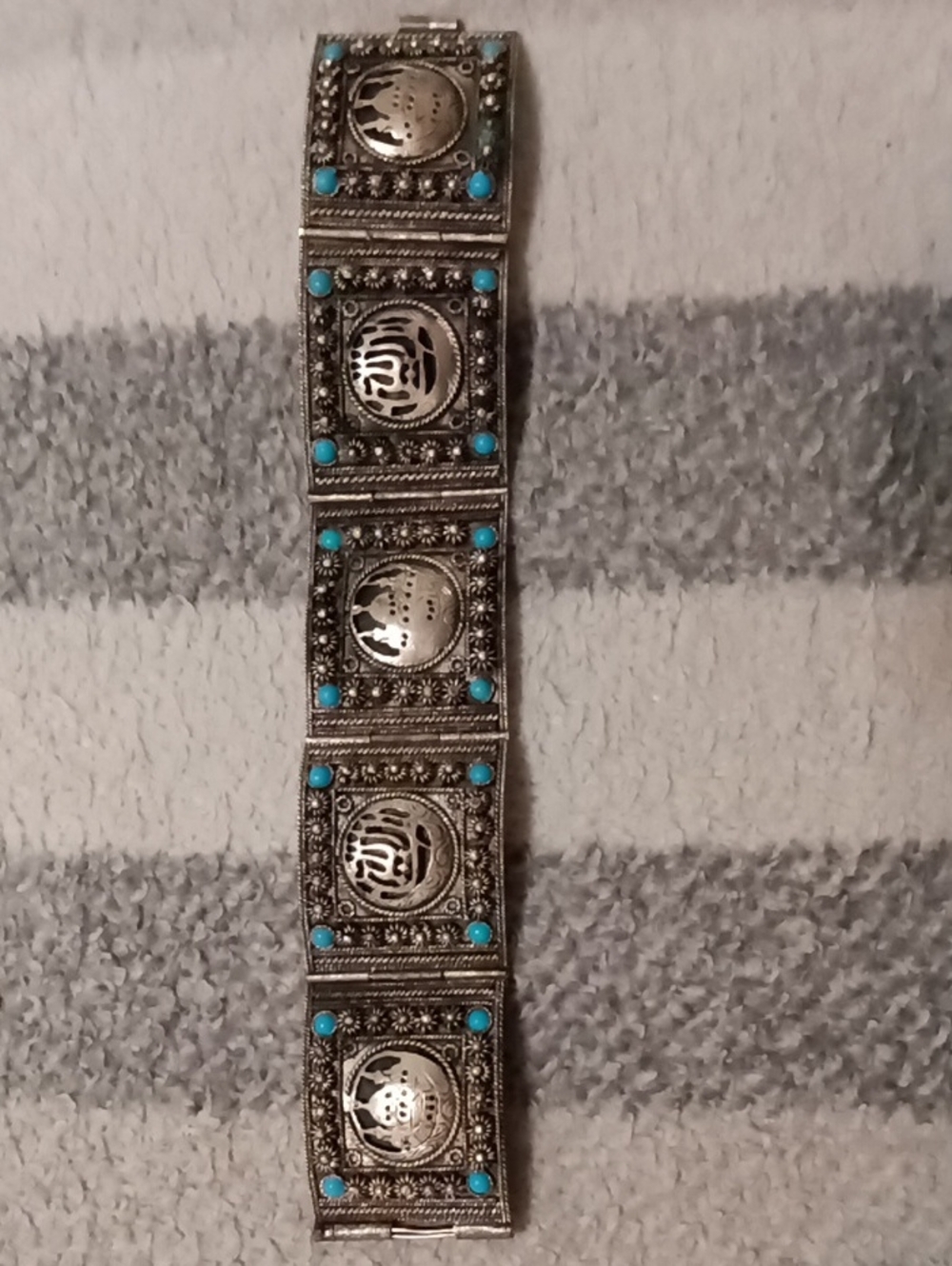 Antique 1920s 900 Silver Panel Link Bracelet, Middle Eastern Ottoman Jewelry